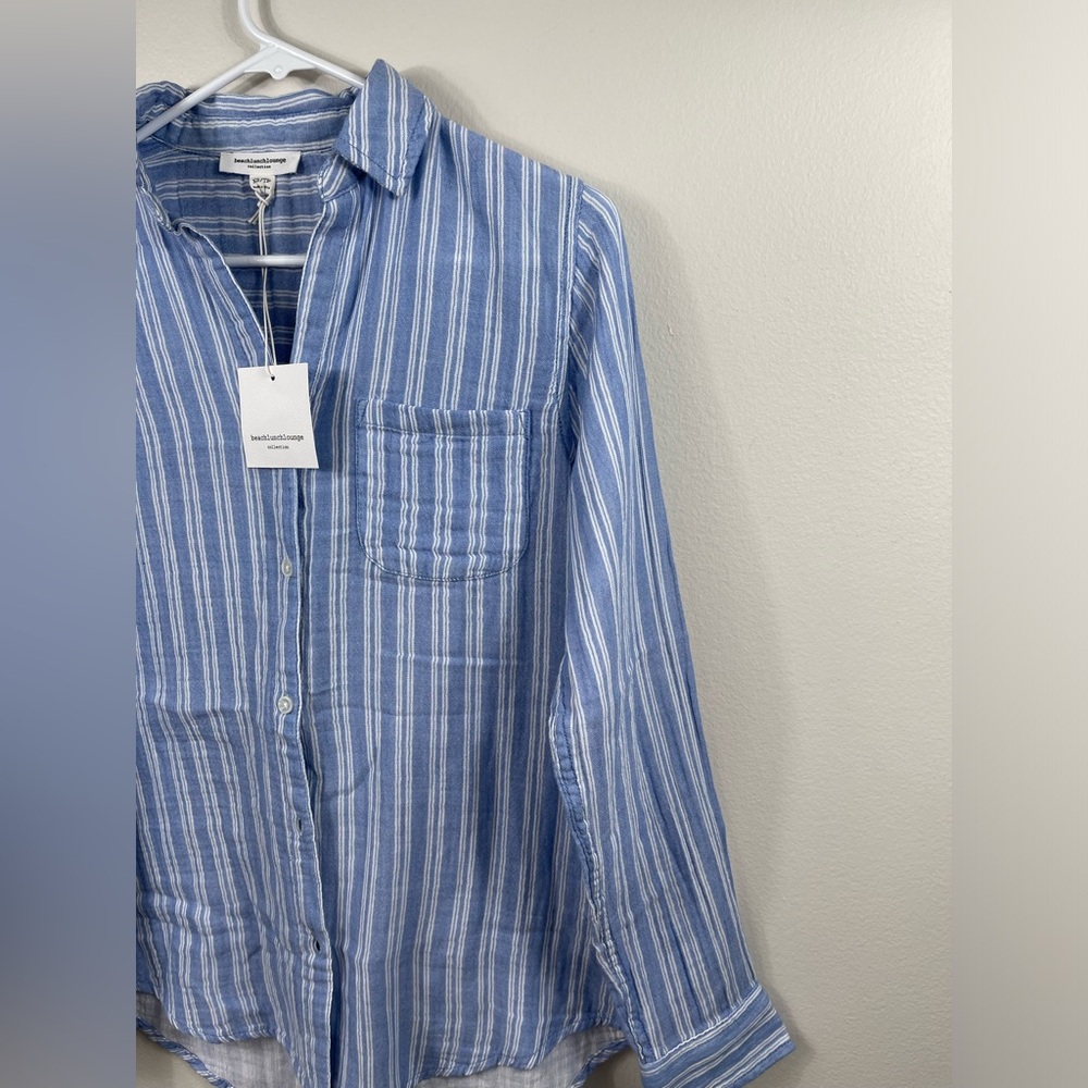 Beach Lunch Lounge Boyfriend Fit Gauze Muslin Blue White Stripes Button UpShirt - Picture 3 of 10